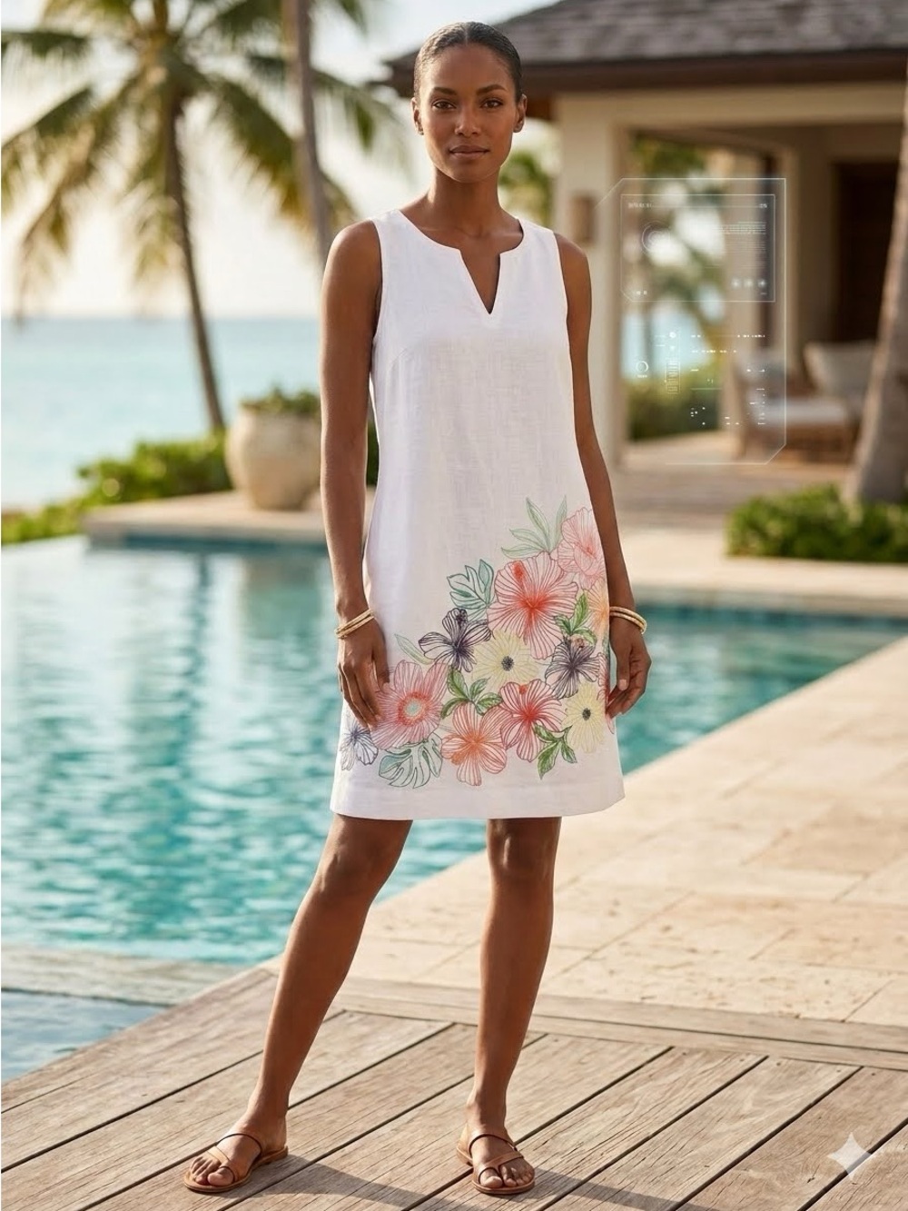 Tommy Bahama Hibis-Sketch White Linen Shift Dress Hibiscus Floral Sleeveless M